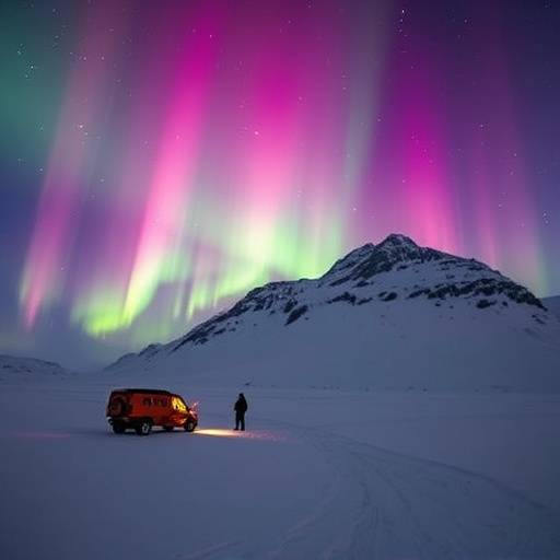 Imagen de las luces del norte (Aurora Boreal) sobre un paisaje nevado en Islandia, capturada durante una expedici&oacute;n fotogr&aacute;fica organizada por AstroViajes Ib&eacute;ricos.