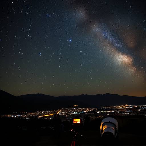 Imagen de un grupo de personas observando la V&iacute;a L&aacute;ctea desde Sierra Nevada, Granada, con telescopios y c&aacute;maras.
