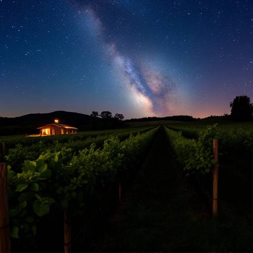Imagen de una cata de vinos bajo las estrellas en un vi&ntilde;edo durante un retiro astron&oacute;mico