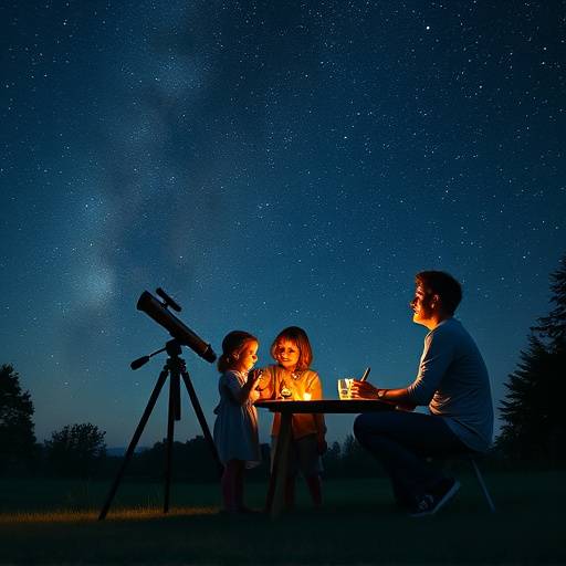 Una familia observando las estrellas con un telescopio durante un taller de astronom&iacute;a